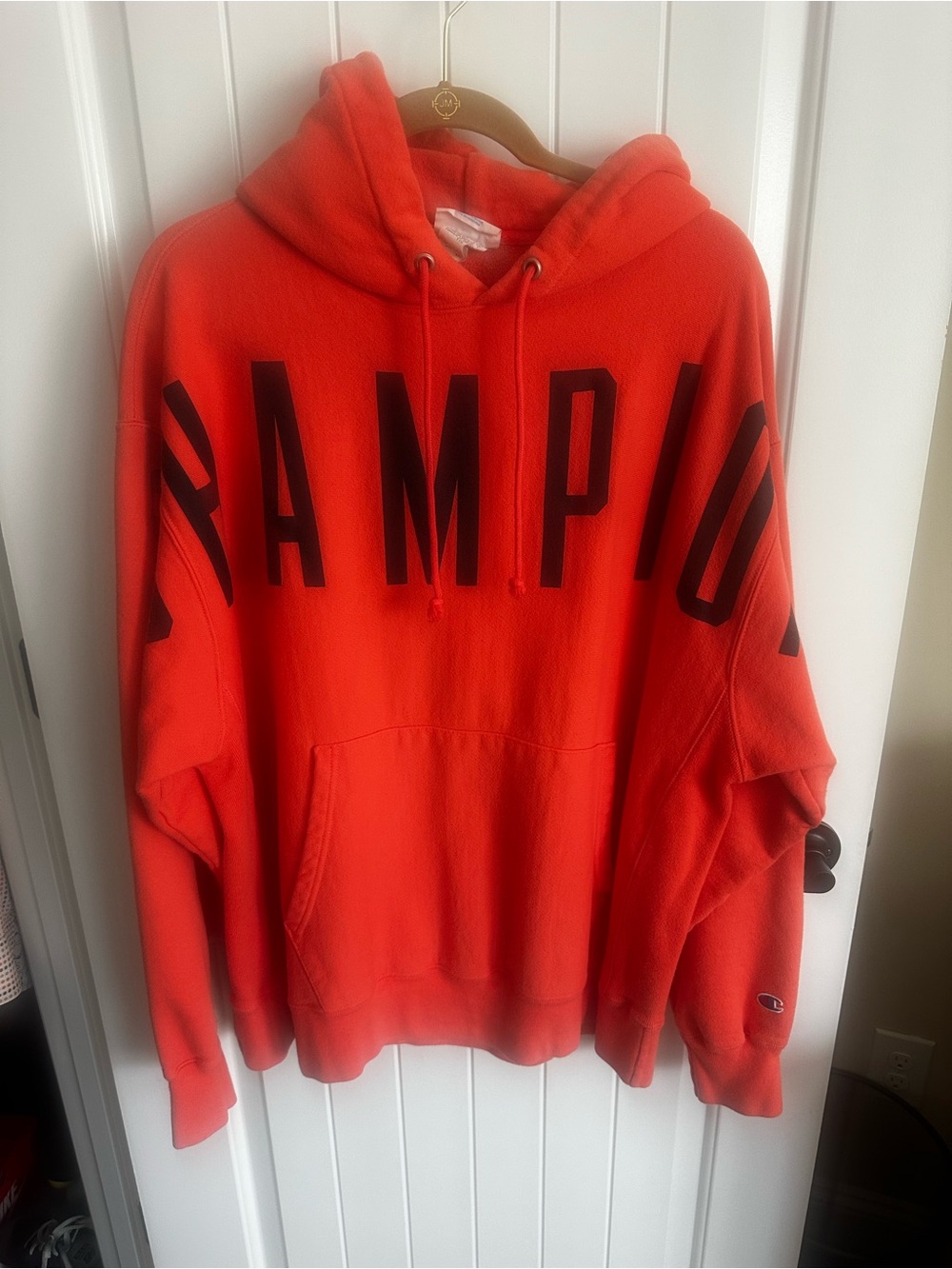 Champion Men’s Coral Hoodie with Bold Black Champion Lettering